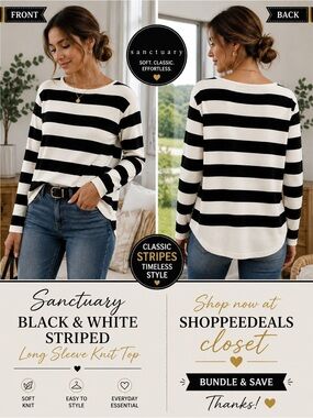 Sanctuary Black & White Striped Long Sleeve Knit Top – Women’s Medium